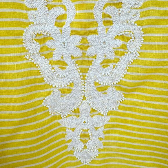 Talbots Womens Embroidered Beaded Top Blouse Size XL P 100% Linen Striped Yellow - Picture 3 of 6